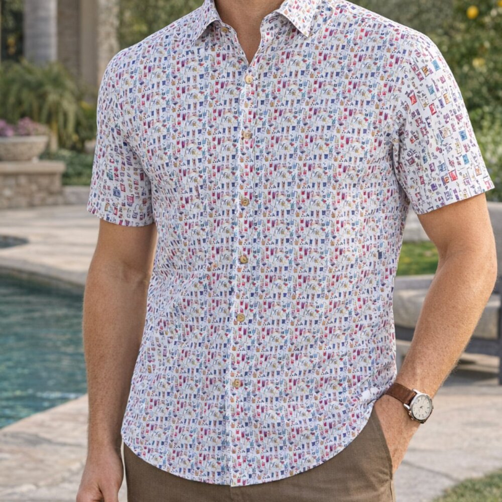 Luciano Visconti Patrick James Cocktail Print Shirt Men's XL Cotton Short Sleeve